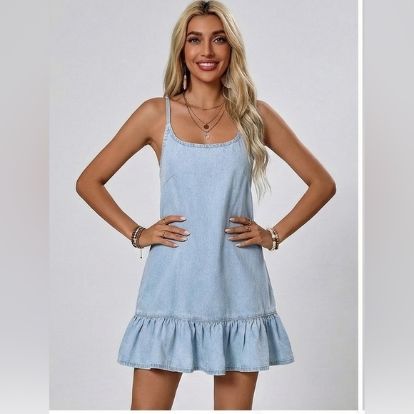 By Design Dresses & Skirts - LAST ONE 🔥 Boho Chic Light Blue Denim Mini Dress with Ruffled Hem